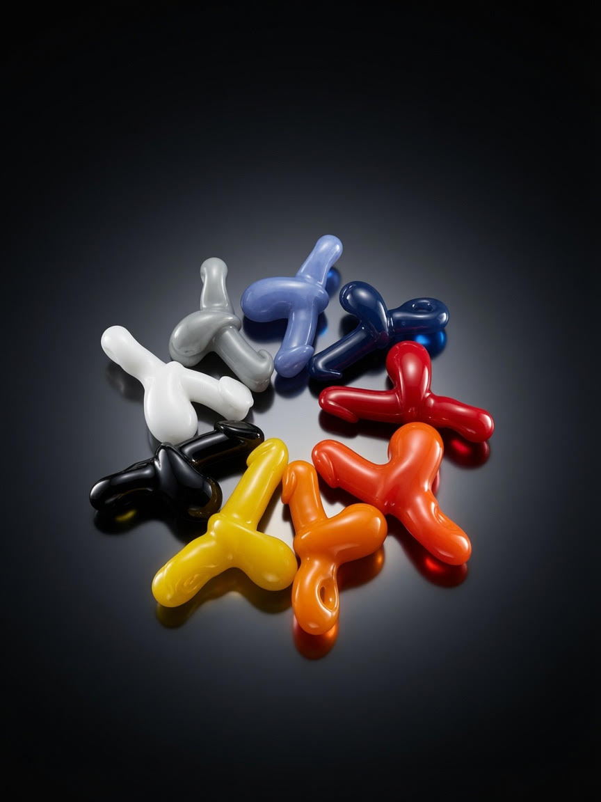Circle of multicolored hand-blown glass cock pendants on a dark studio backdrop — white, black, yellow, orange, red, blue, and lavender