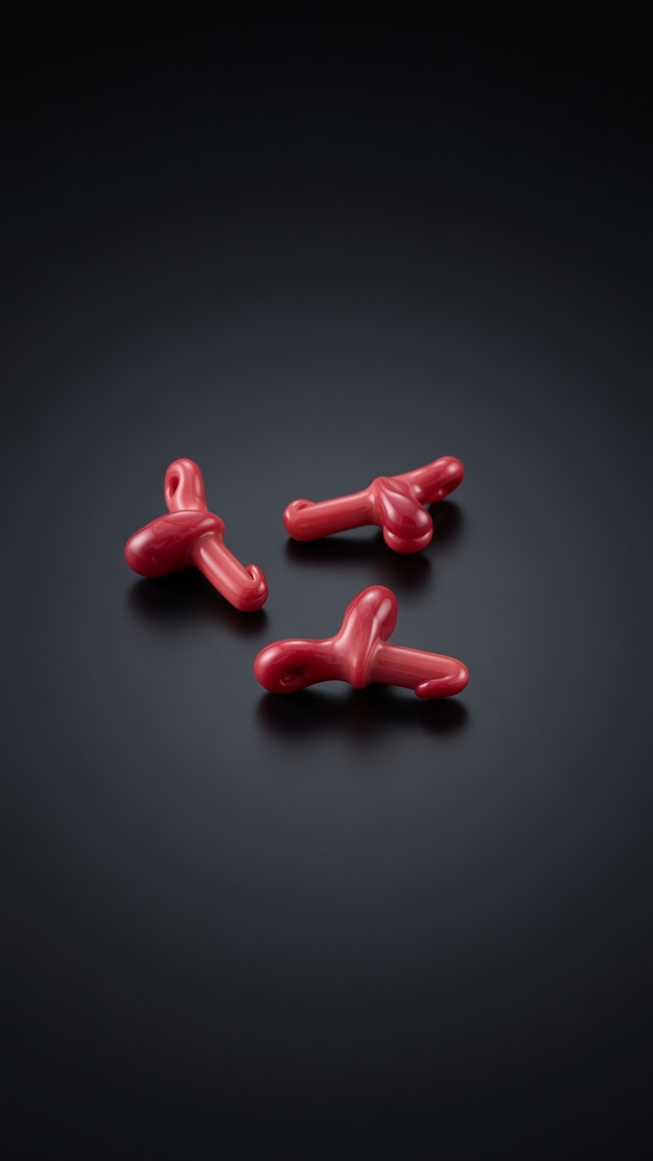 Three crimson-red hand-blown glass cock pendants on a dark studio surface