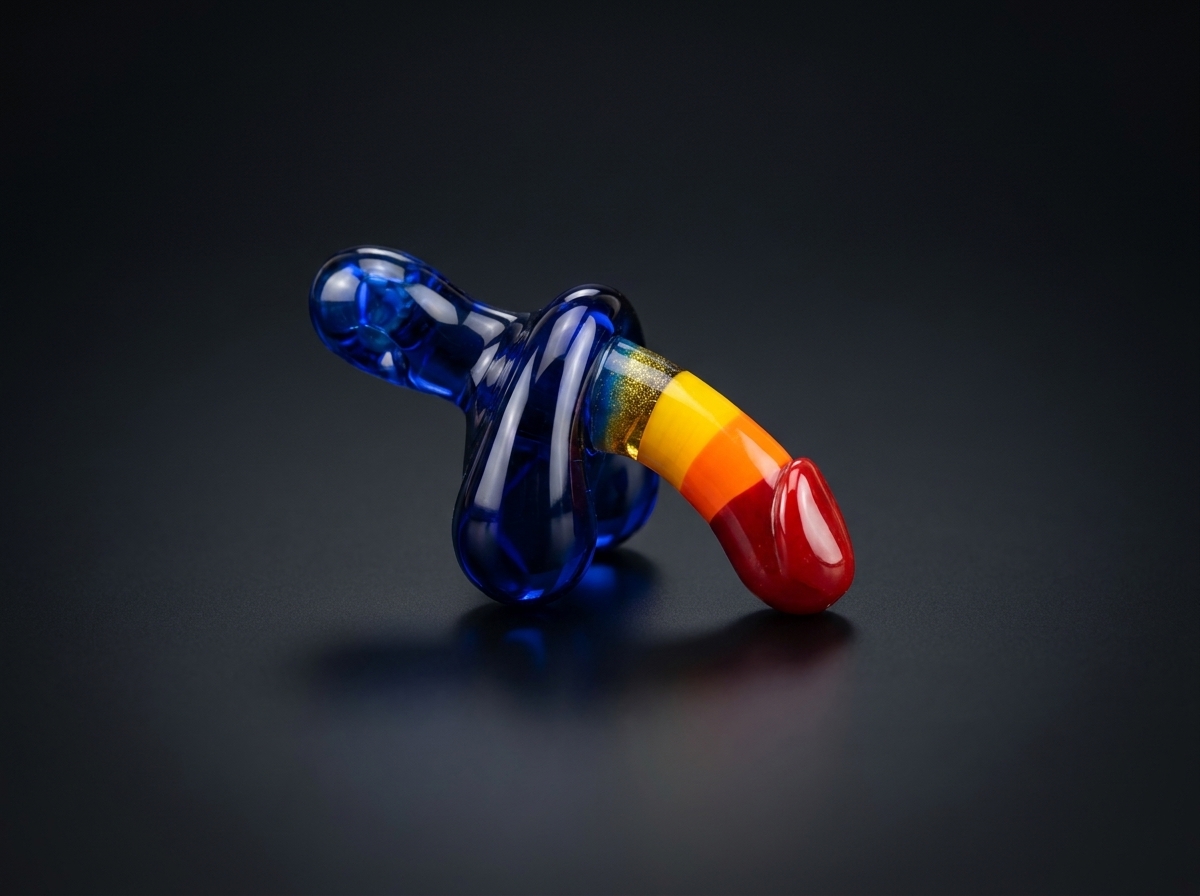 Hand-blown glass cock pendant with cobalt blue base and rainbow shaft bands