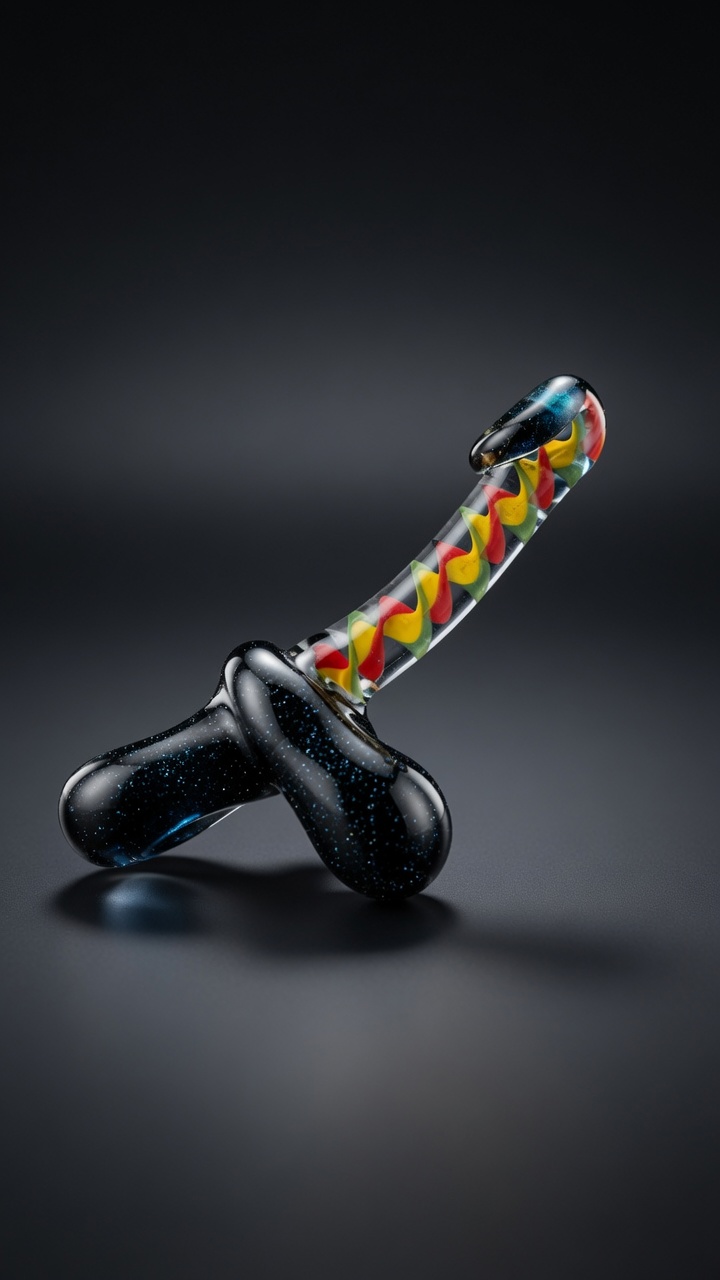 Hand-blown glass cock pendant with black glitter base and red yellow green swirl shaft