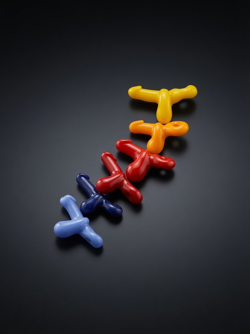 Rainbow spectrum of hand-blown glass cock pendants from yellow to blue on a dark studio surface