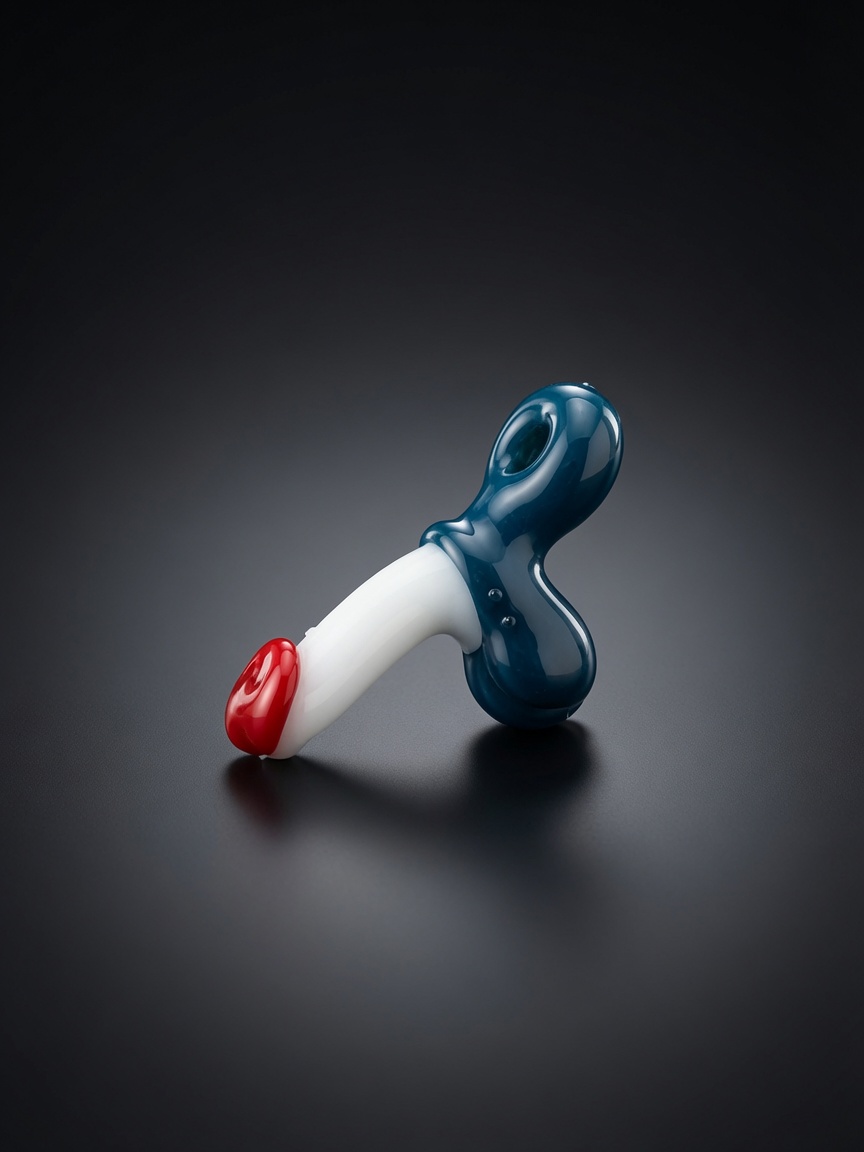 Red, white, and blue hand-blown glass cock pendant on a dark studio surface